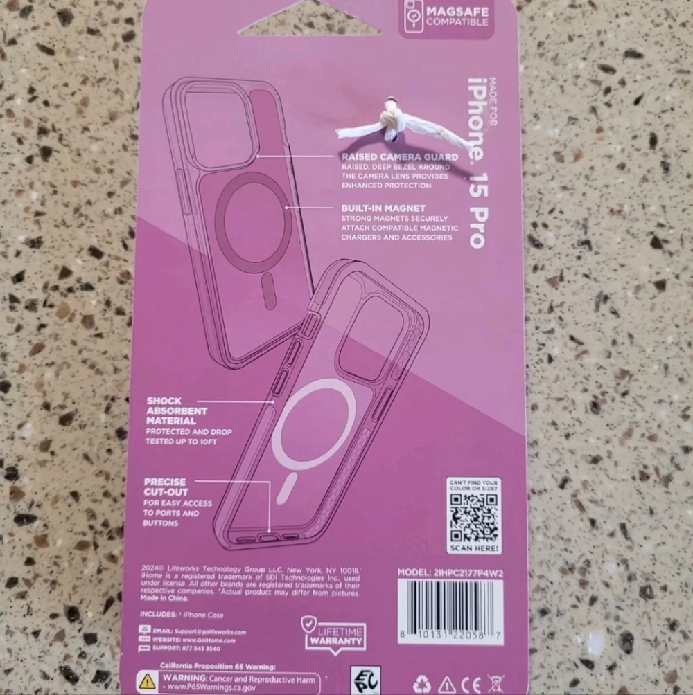 iHome Velo Pink iPhone 15 Pro Magsafe Compatible Protective Cellphone Case